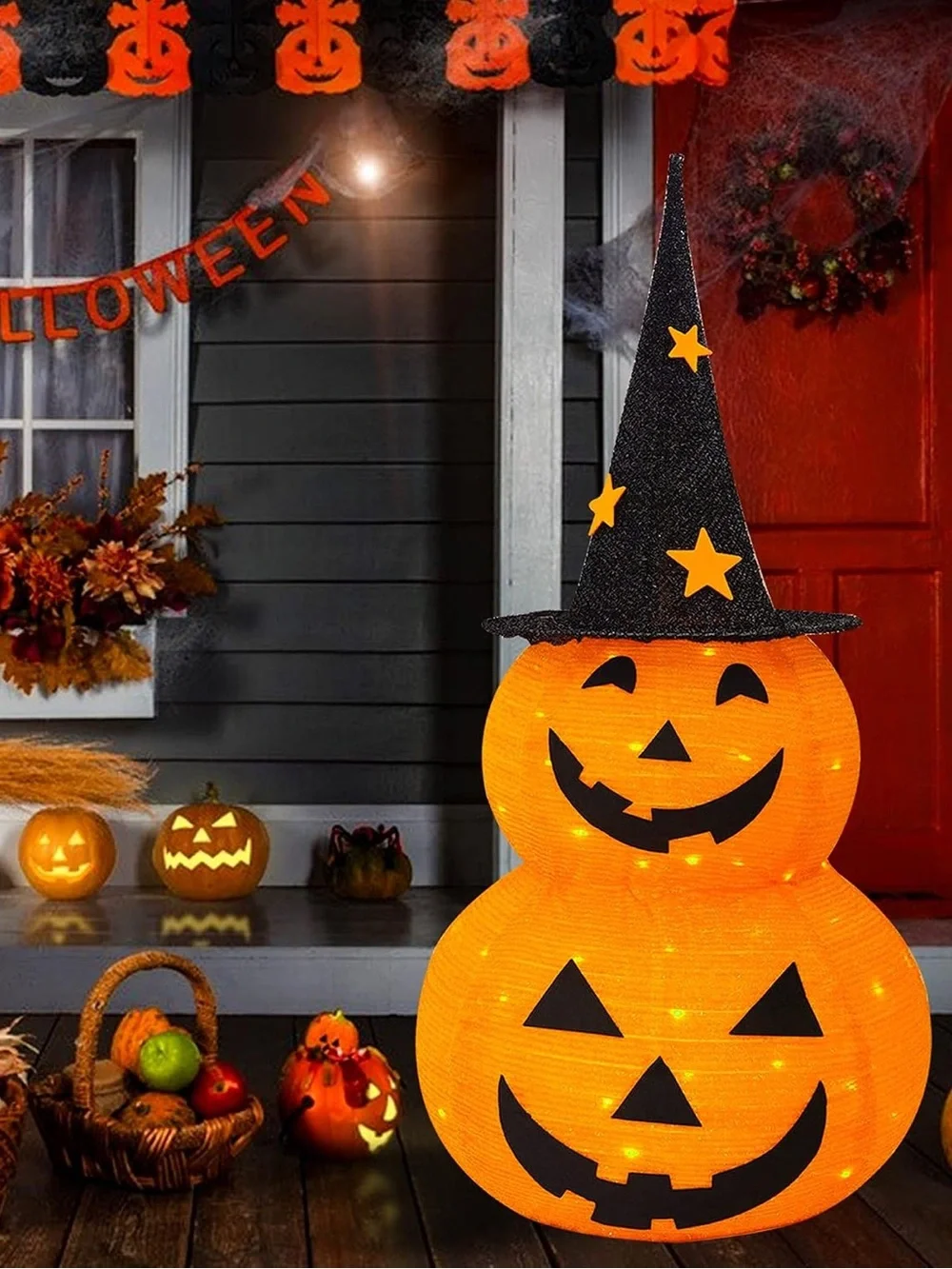 Halloween LED Orange Pumpkin Snowman Decoration with Witch Hat